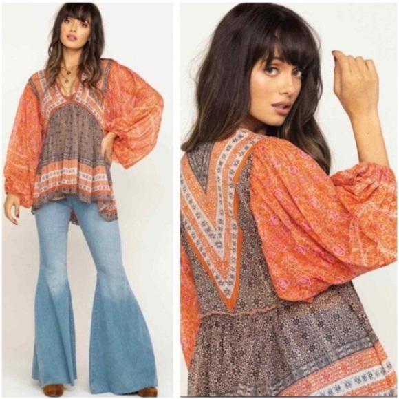Free People Tops - NWOT Free People Aliyah Orange Brown Gold Metallic Printed Boho Tunic Top Medium